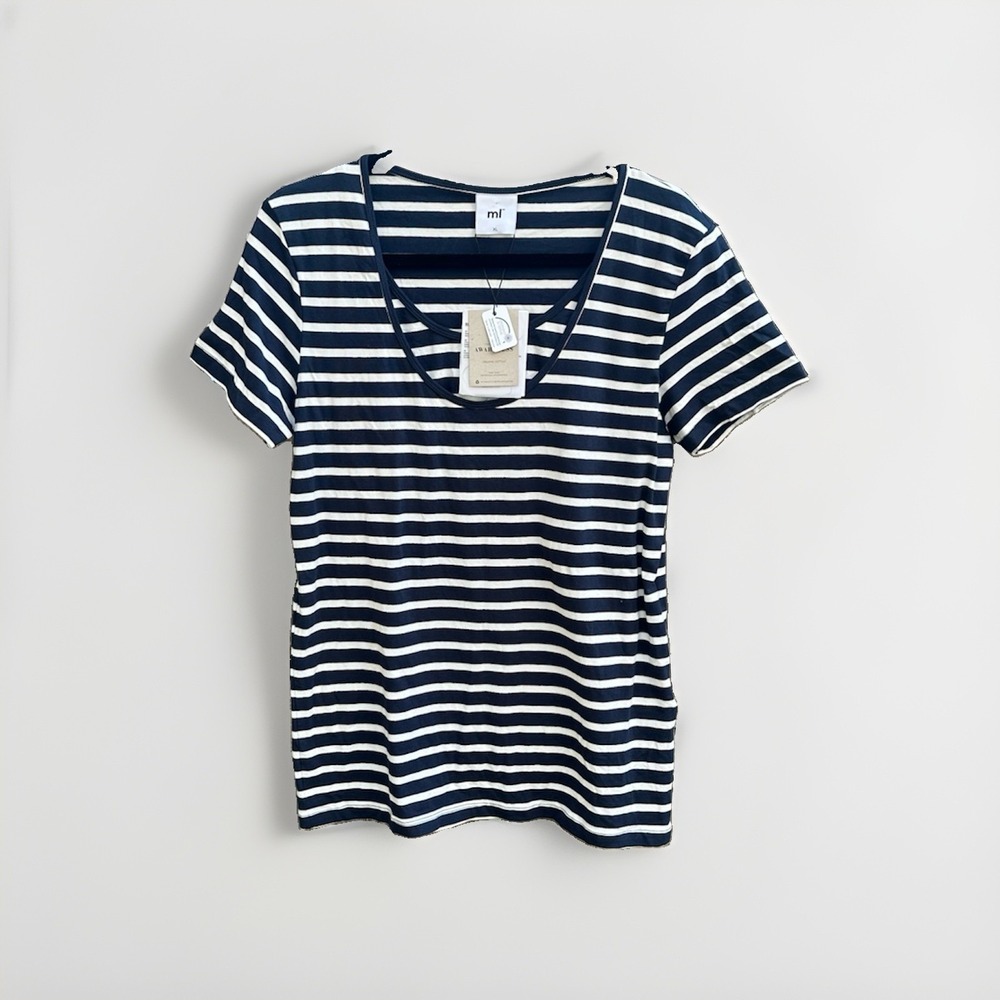Women's Navy Blue & White Horizontal Striped Nursing Top Organic Cotton